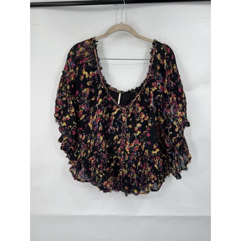 Free People Bohemian Button Blouse Women Medium Black Frayed Artsy Retro Floral‎